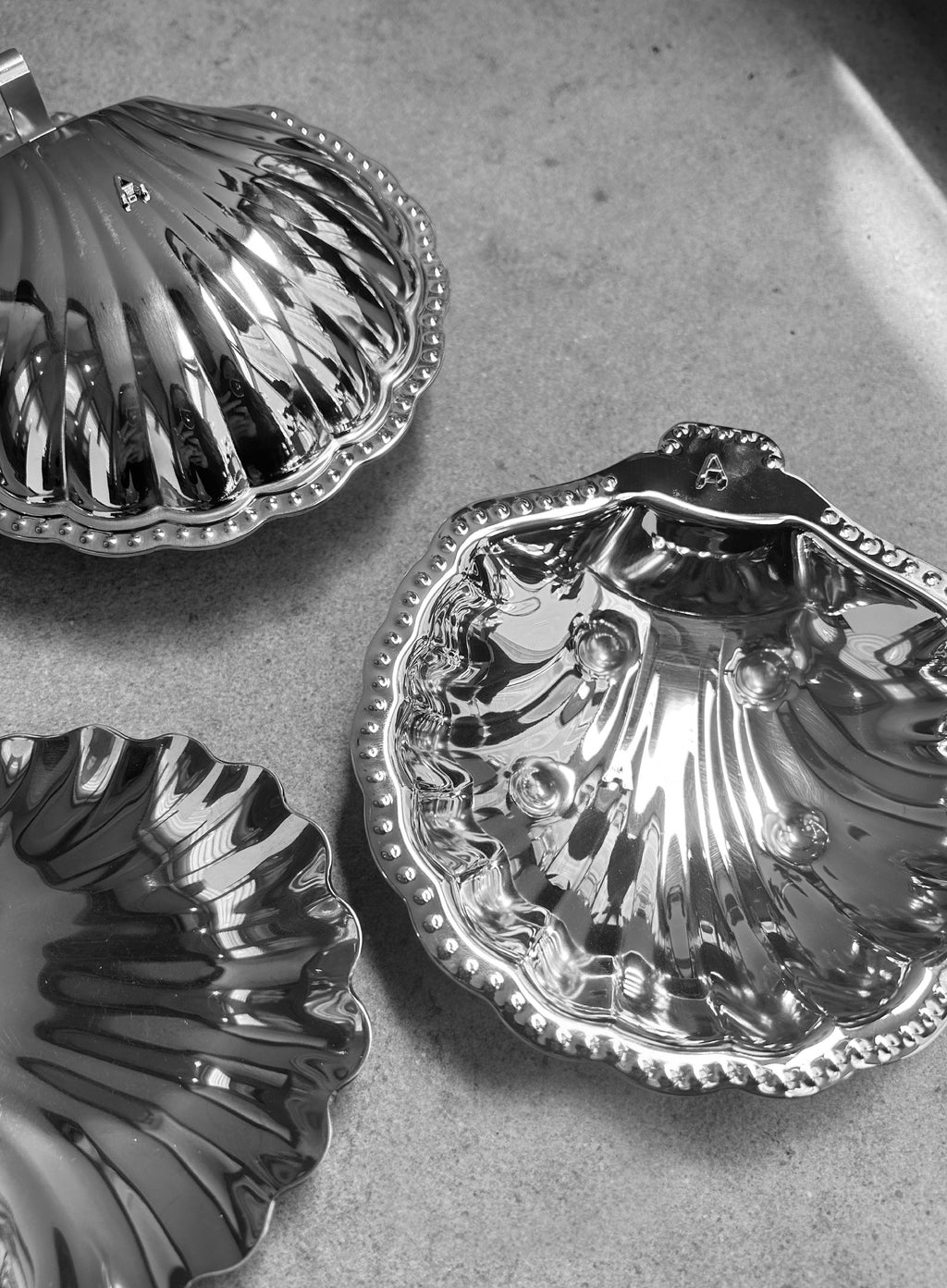 Metallic shell-shaped objects on a textured surface