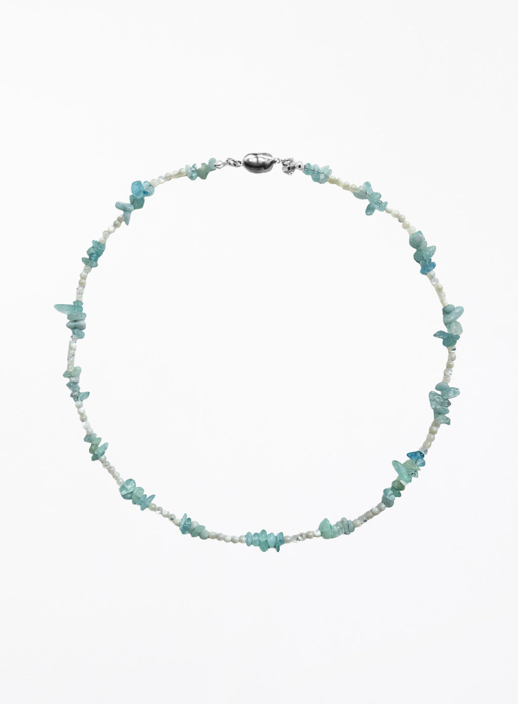 A delicate beaded necklace featuring light blue and white beads with small, irregular light blue stone accents, displayed on a clean white background.