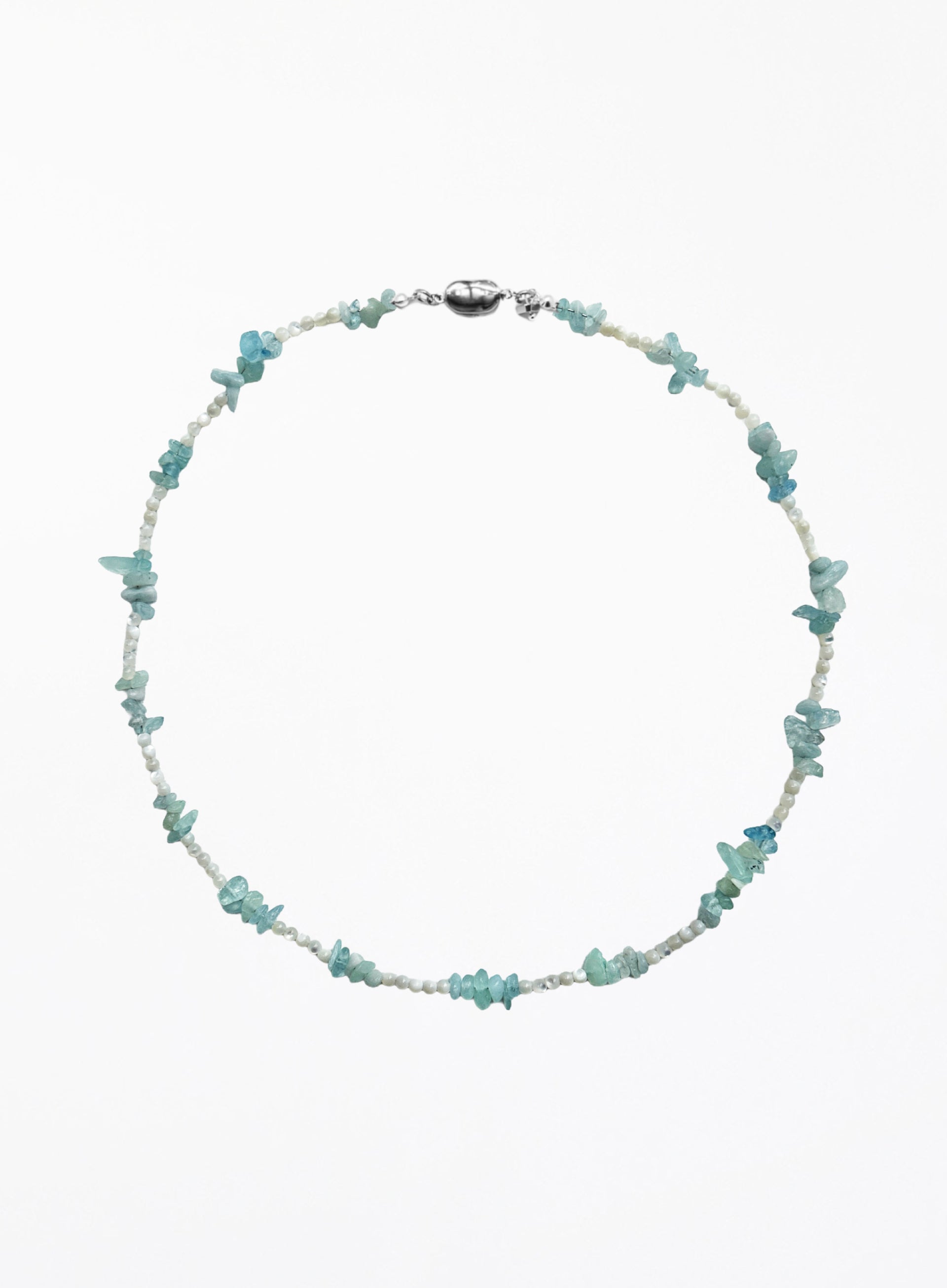 A delicate beaded necklace featuring light blue and white beads with small, irregular light blue stone accents, displayed on a clean white background.