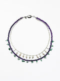 double layered necklace with purple and green beads on a white background