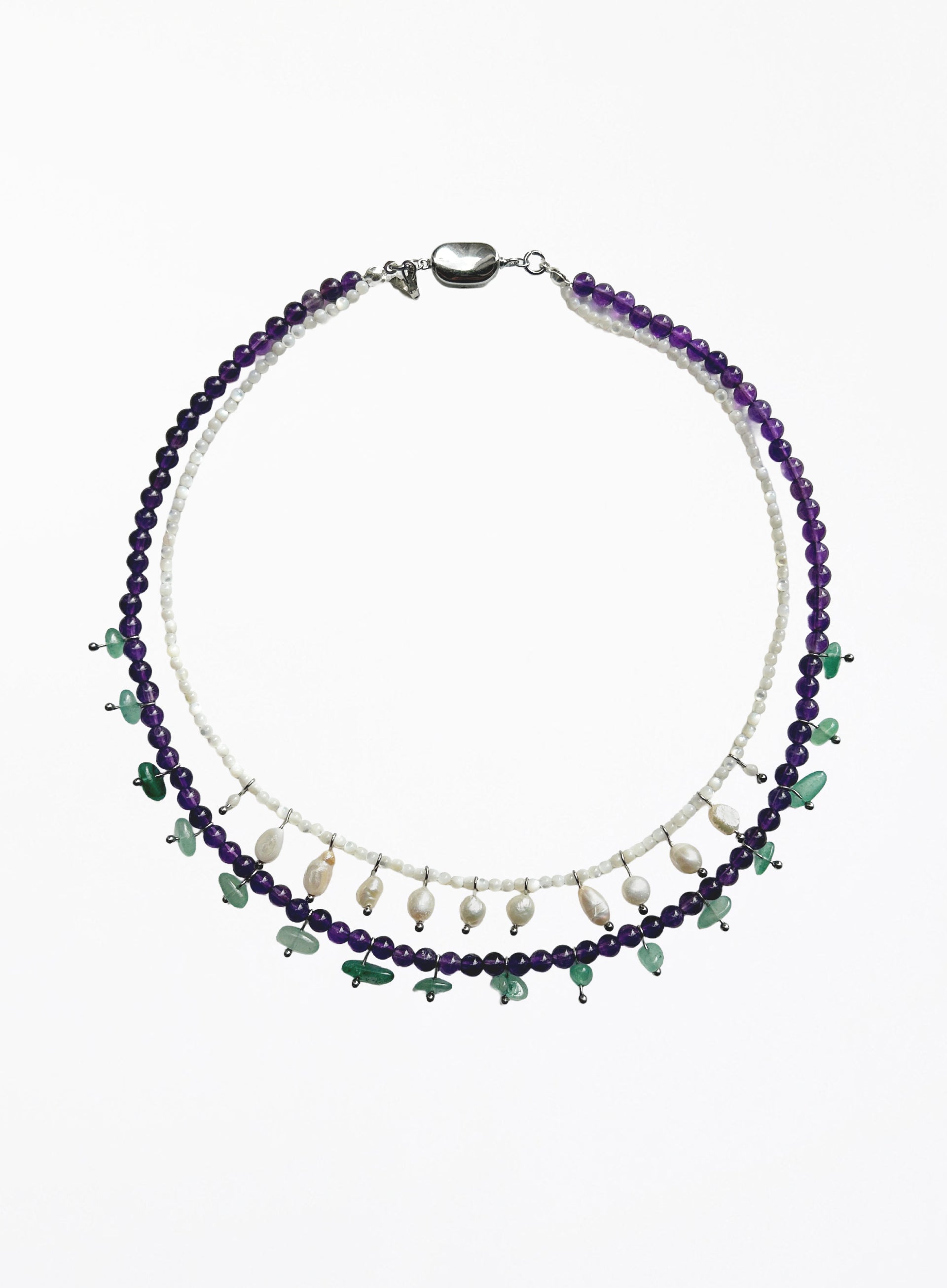 double layered necklace with purple and green beads on a white background