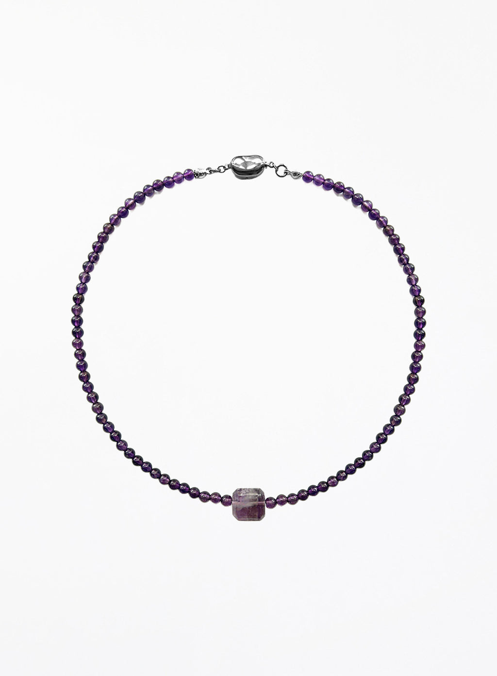 Purple amethyst necklace with square pendant on a white background