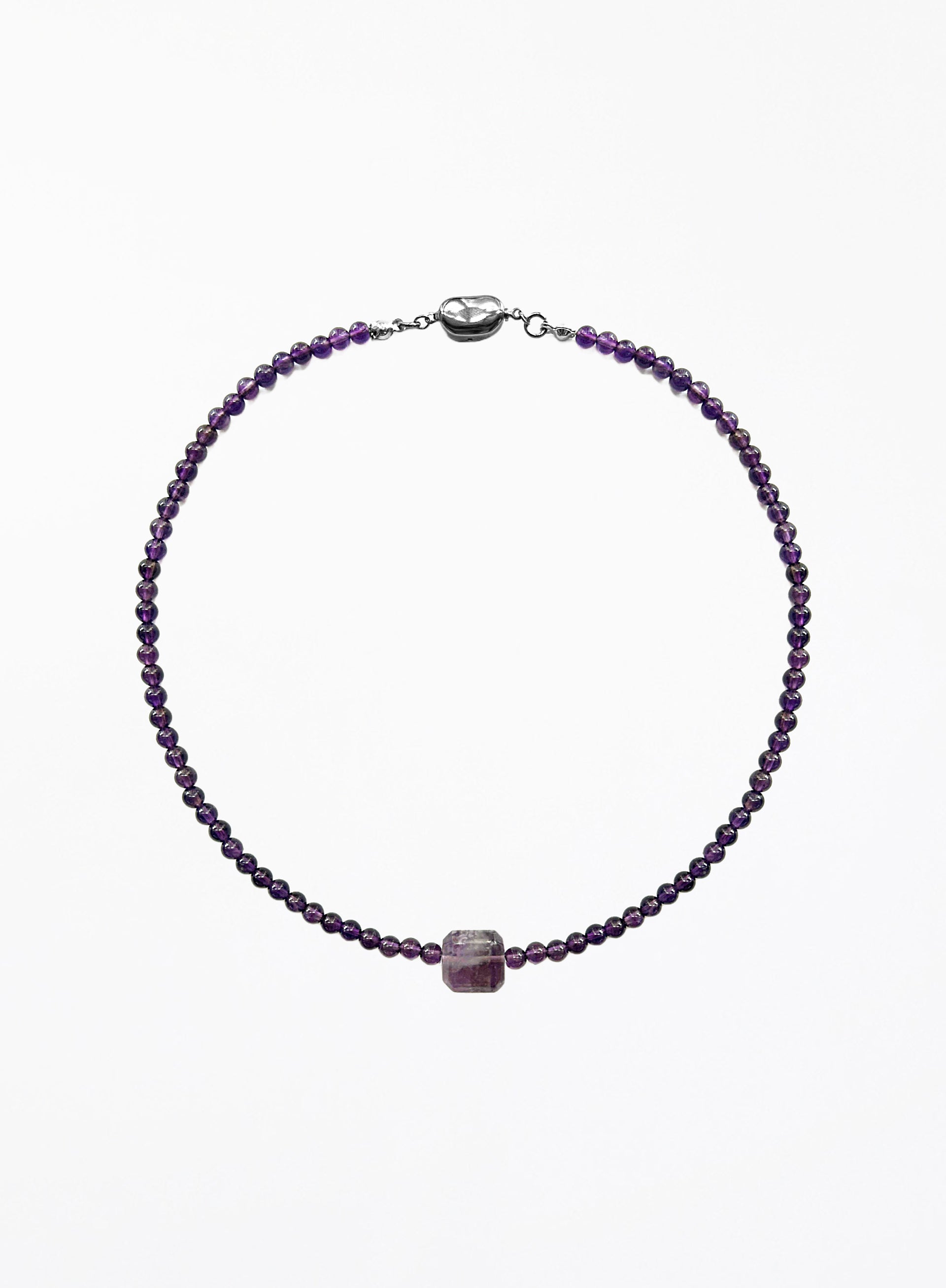 Purple amethyst necklace with square pendant on a white background