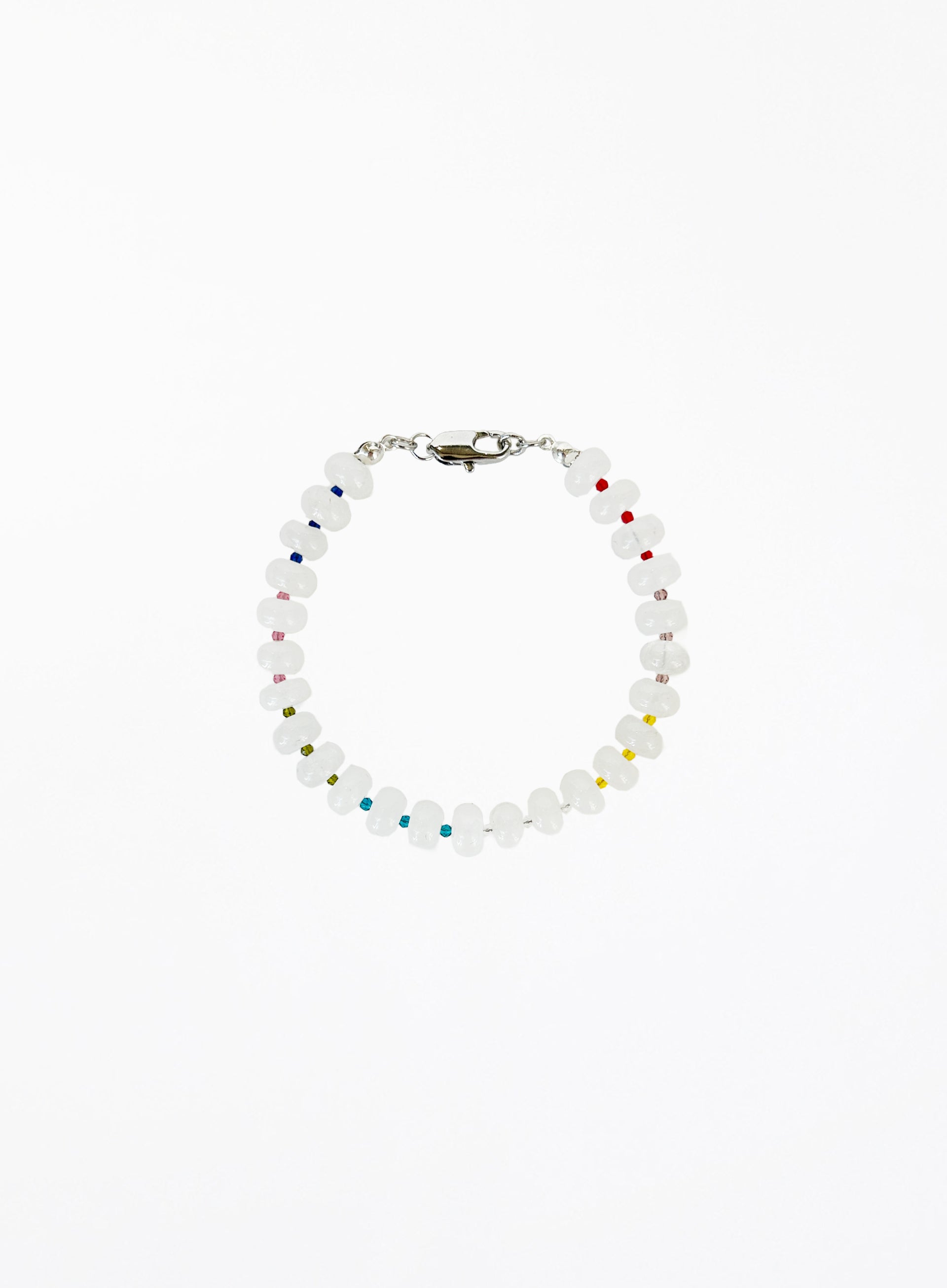 white jade beaded bracelet with multicolored accents on a white background