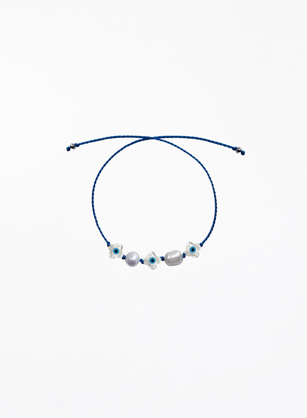 blue silk cord bracelet with eveil eye beads and pearls