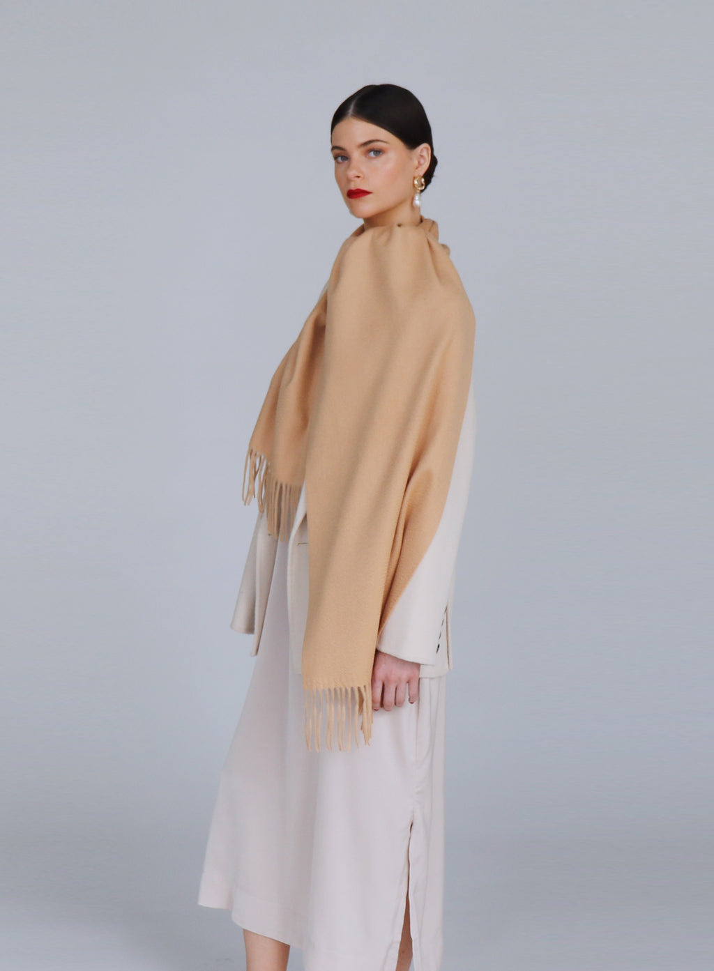 Camel Fringed Cashmere Scarf