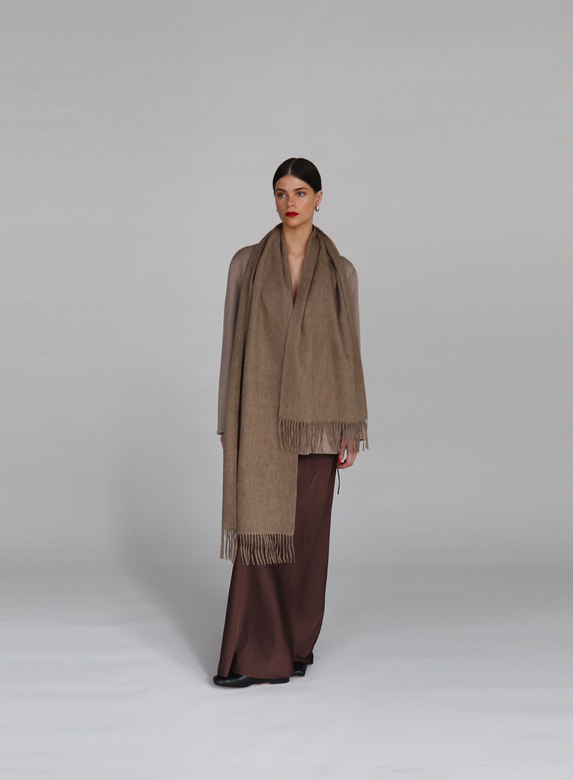 Beige Fringed Cashmere Scarf