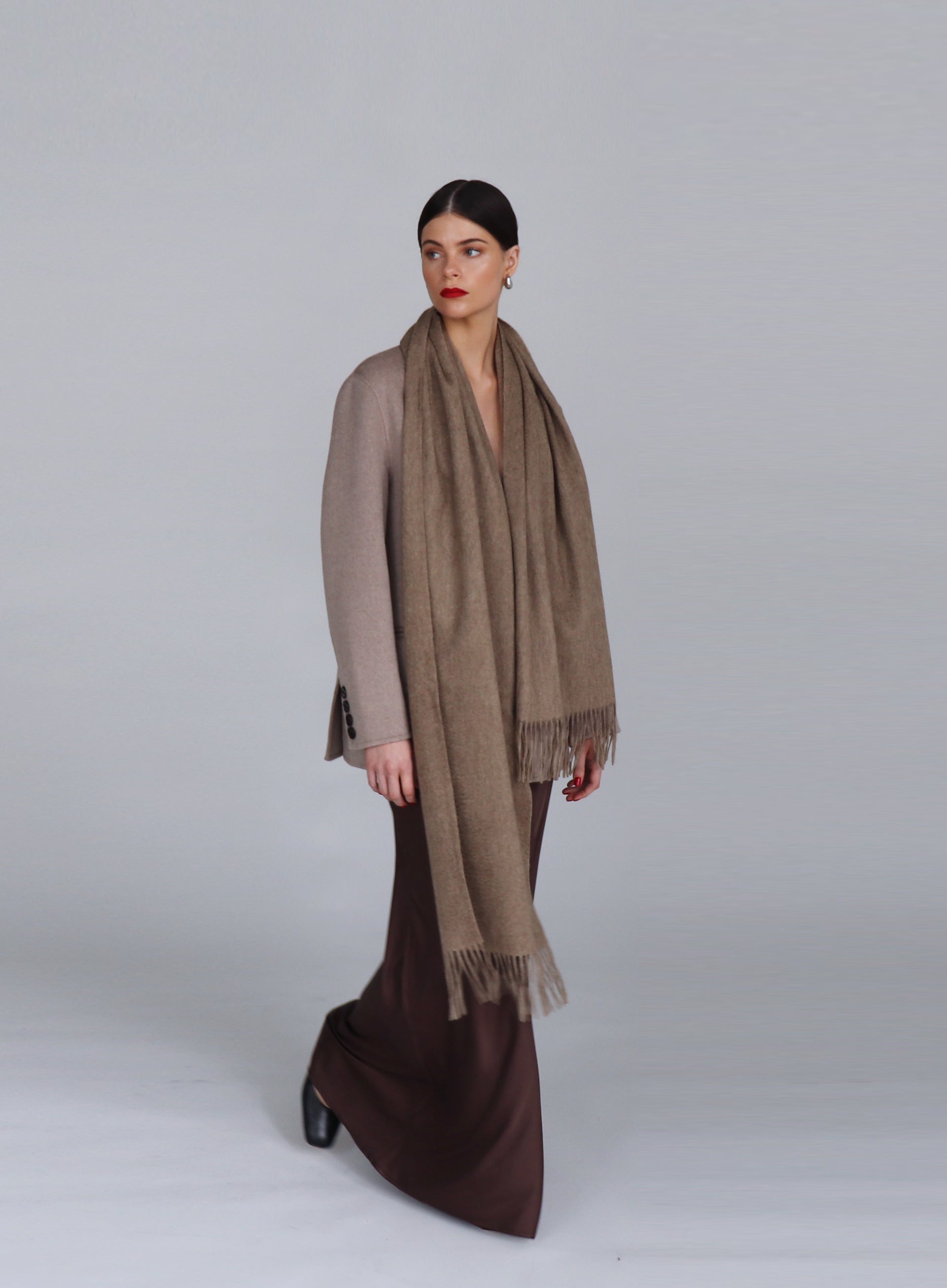 Beige Fringed Cashmere Scarf