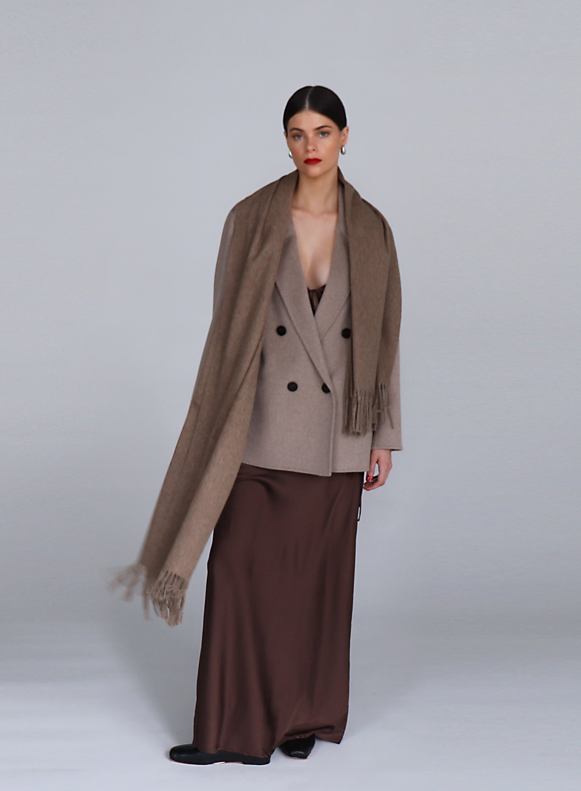 Beige Fringed Wool Lambswool Scarf