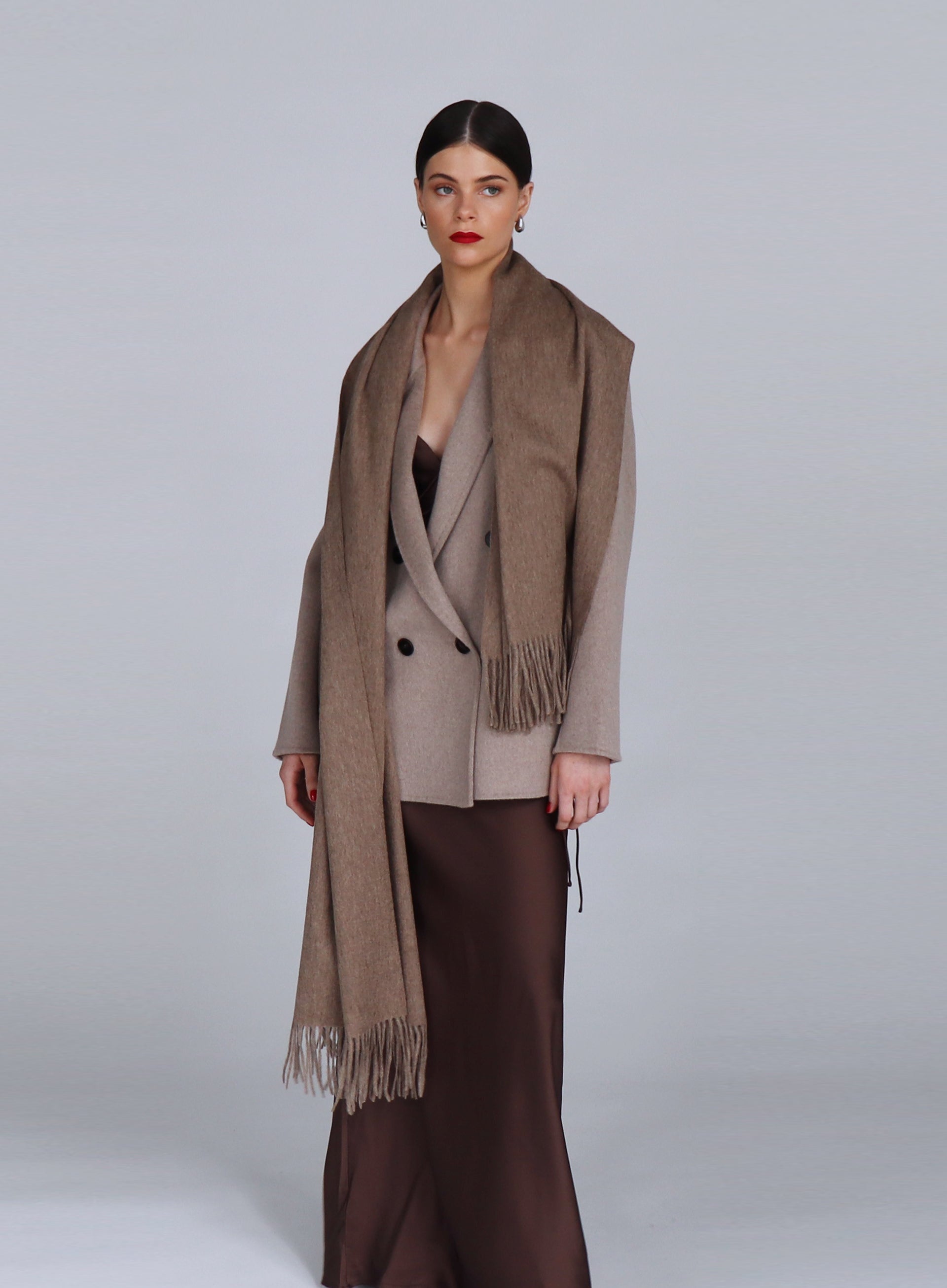 Beige Fringed Wool Lambswool Scarf