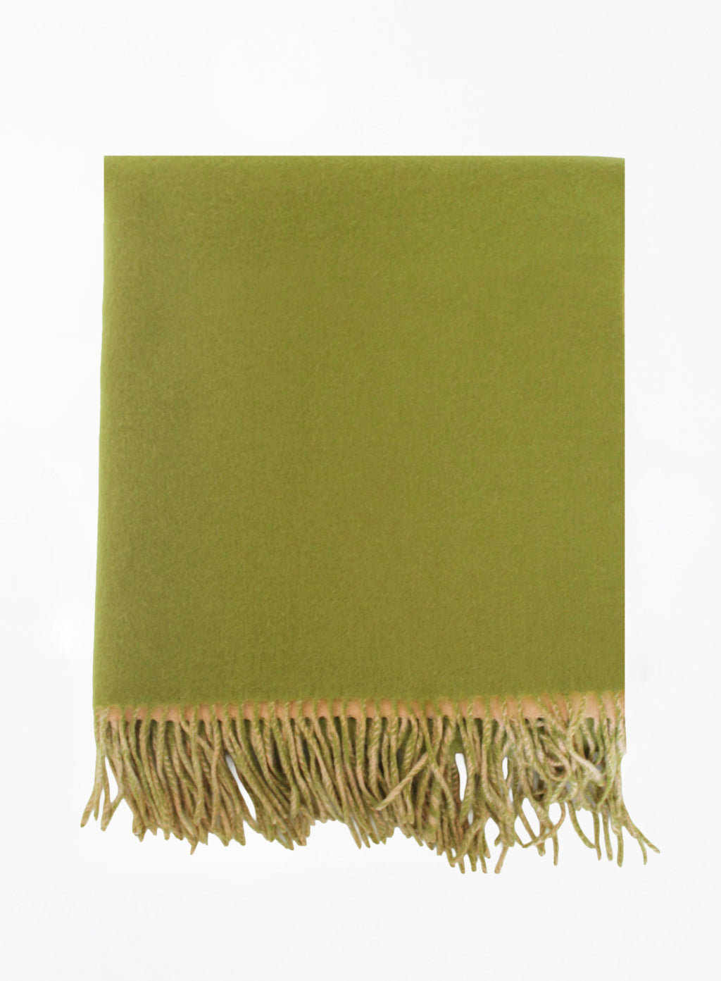 Green throw blanket with fringes on a white background