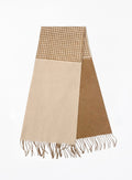 Scarf with checkered top section and beige and brown color block design on a white background