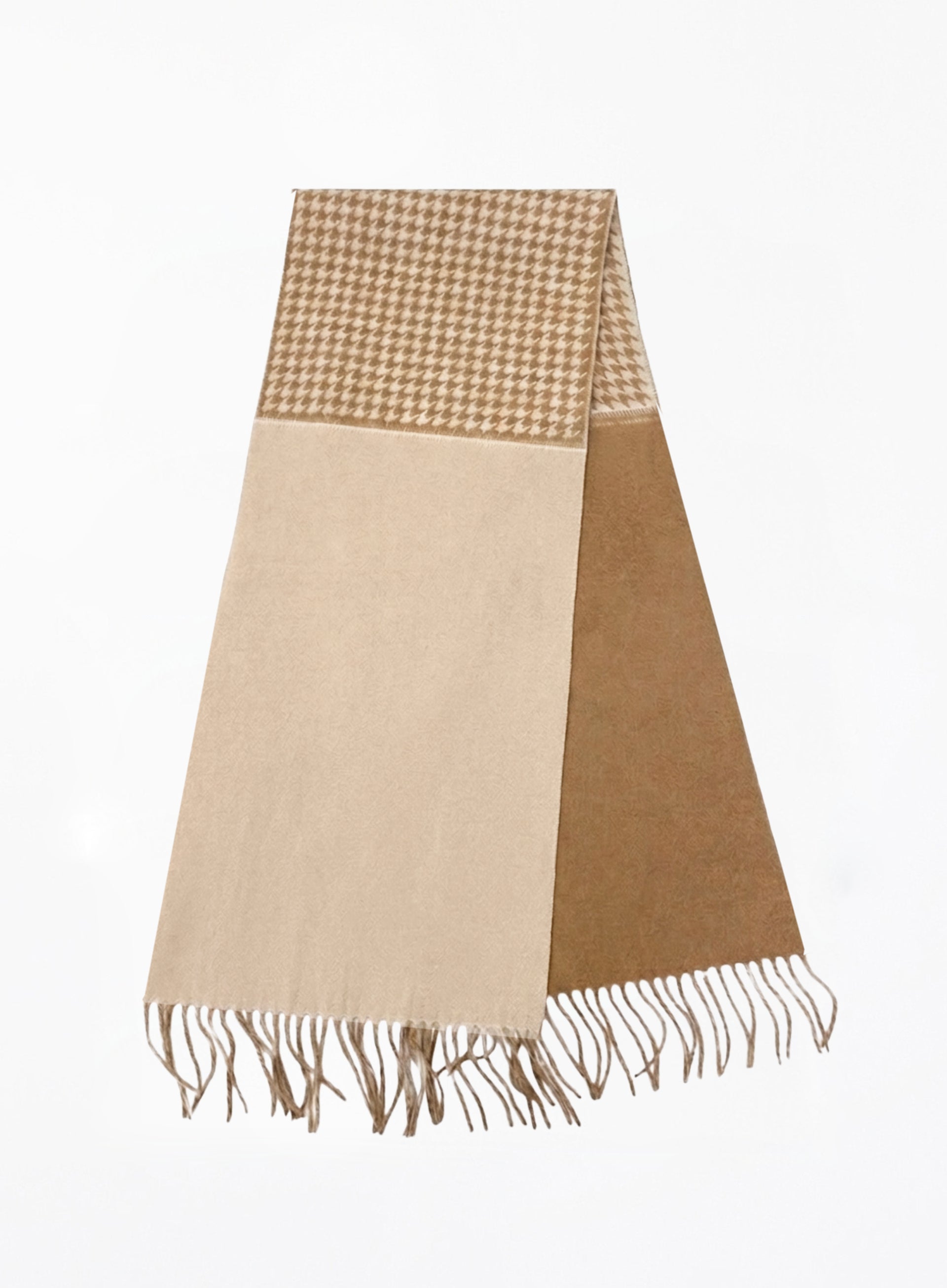 Scarf with checkered top section and beige and brown color block design on a white background