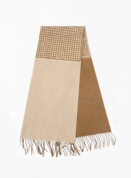 Scarf with checkered top section and beige and brown color block design on a white background