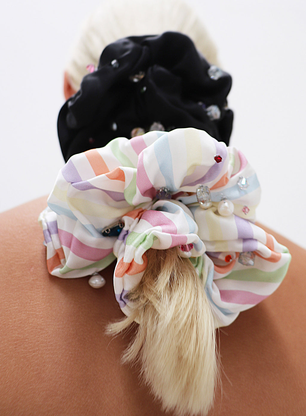 Stripe Rhinestone Embellished Oversized Silk Scrunchie 