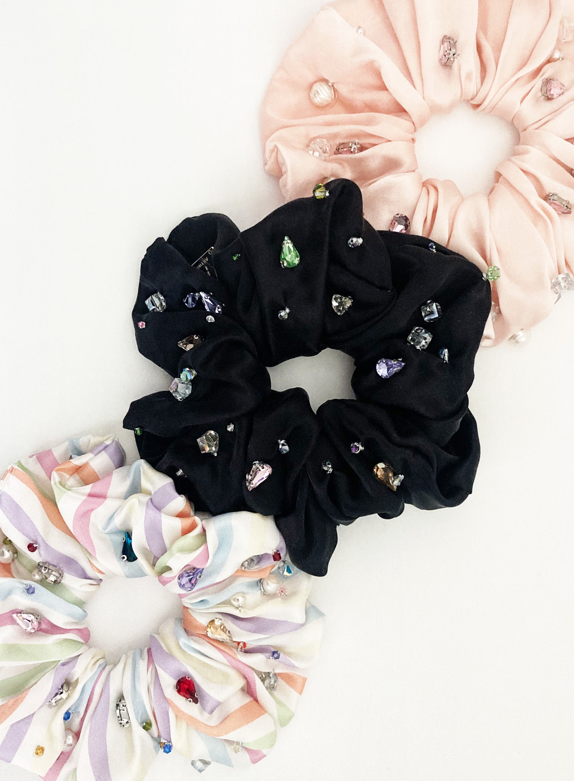 Pink Rhinestone Embellished Oversized Silk Scrunchie 