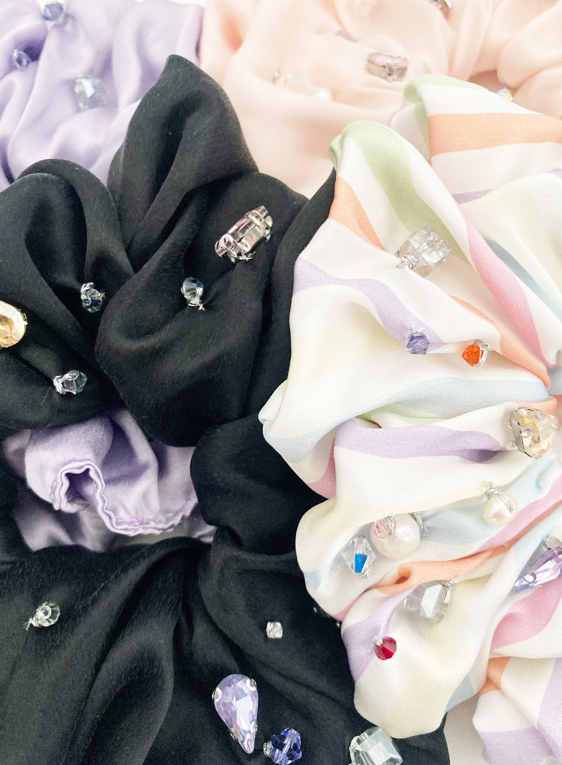 Pink Rhinestone Embellished Oversized Silk Scrunchie 