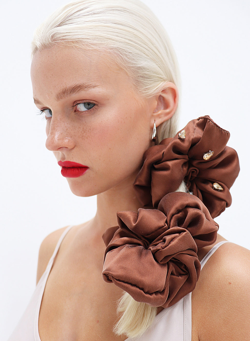 Brown Rhinestone Embellished Oversized Silk Scrunchie 
