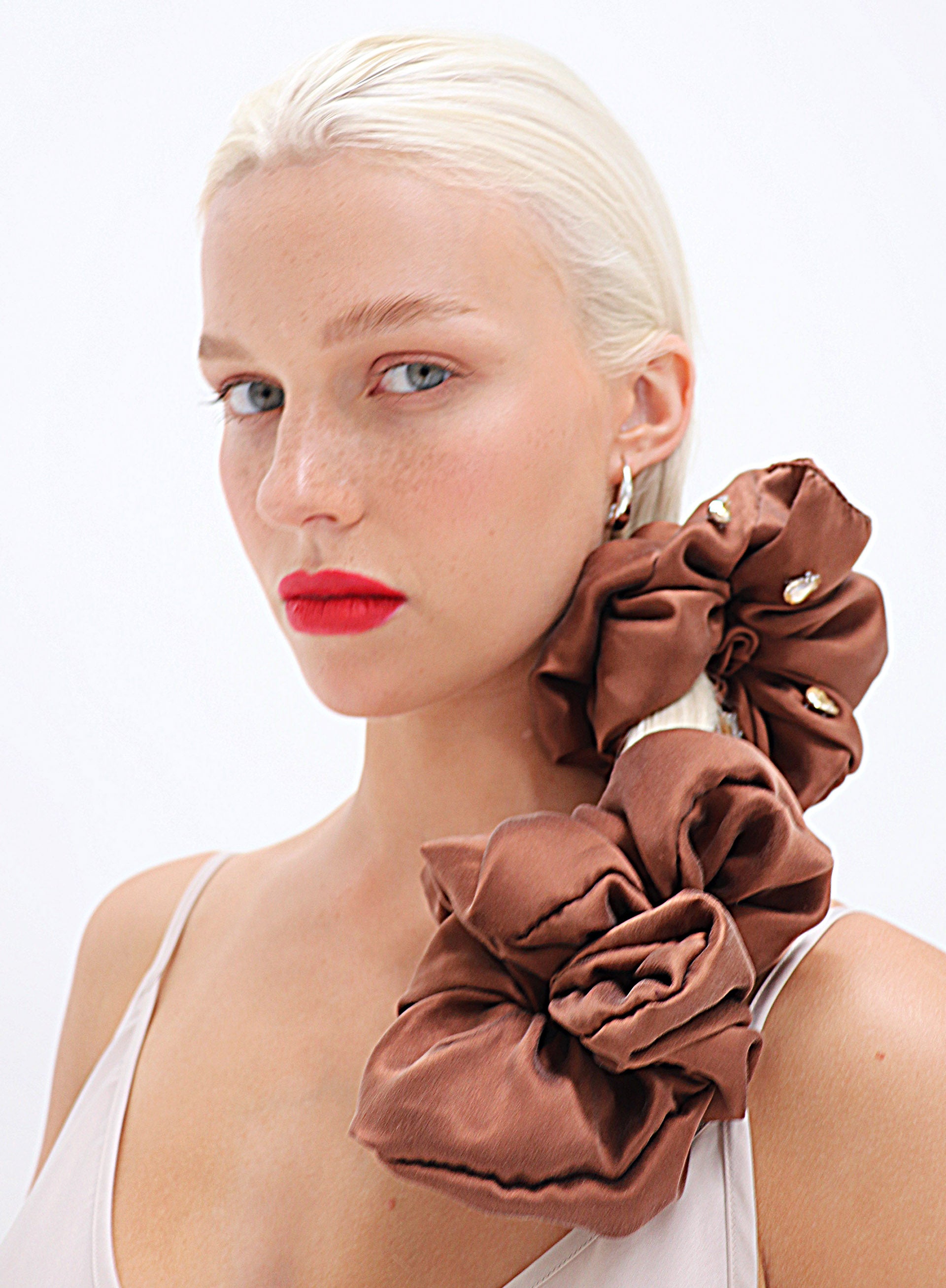 Brown Rhinestone Embellished Oversized Silk Scrunchie 