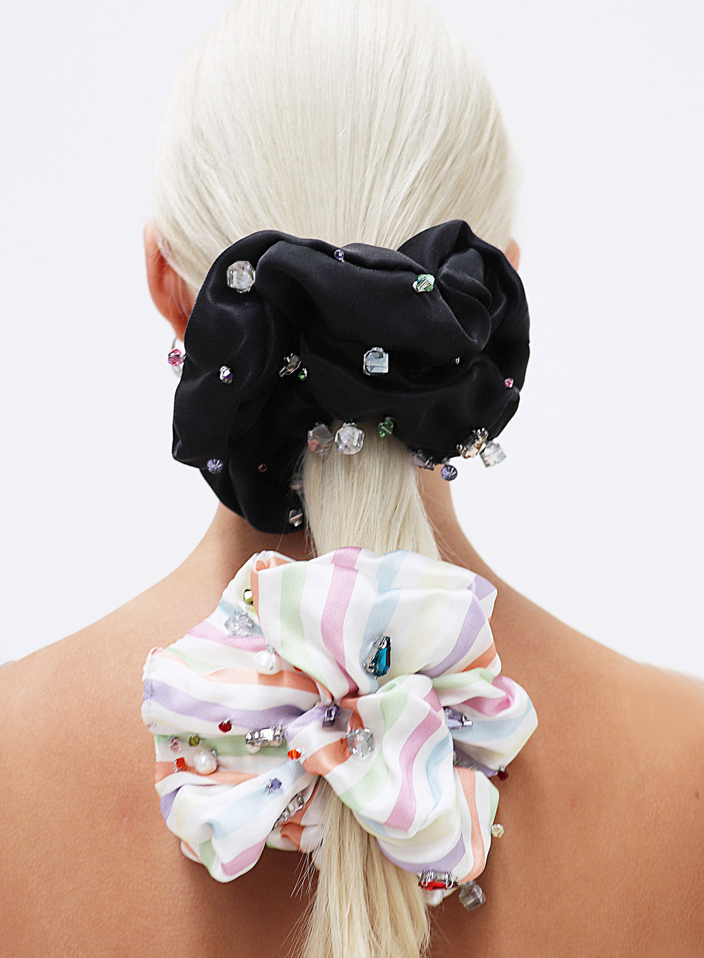 Stripe Rhinestone Embellished Oversized Silk Scrunchie 