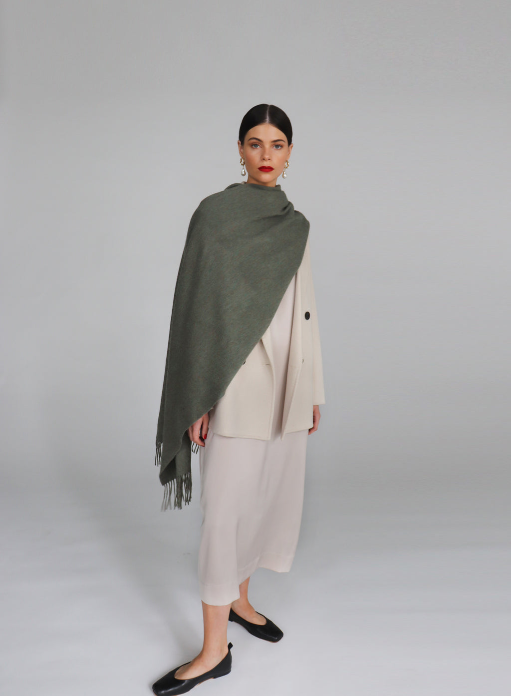 Green Fringed Wool Lambswool Scarf