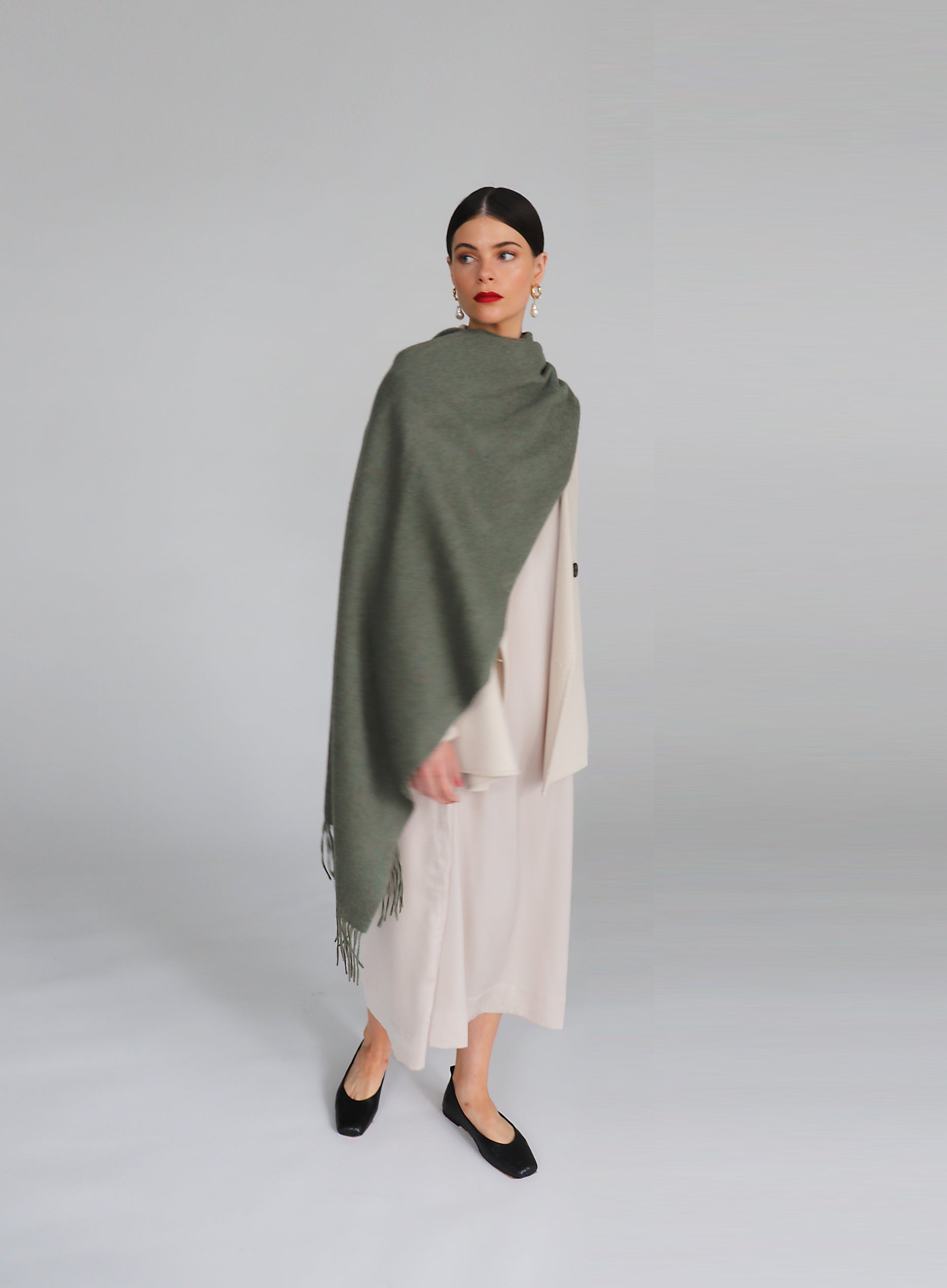 Green Fringed Wool Lambswool Scarf