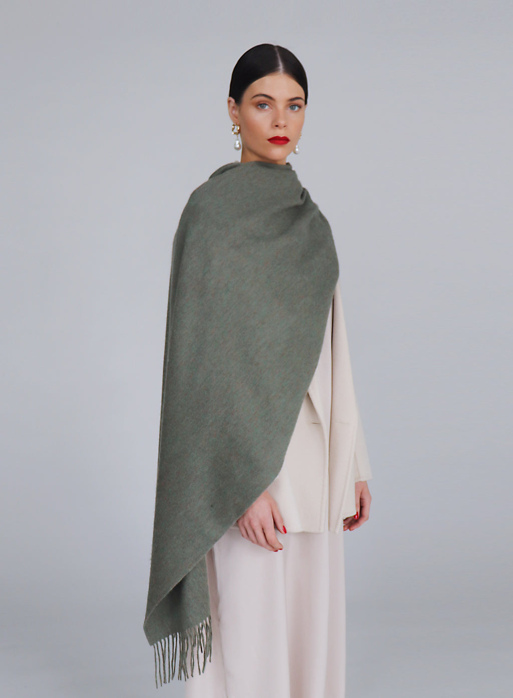 Green Fringed Wool Lambswool Scarf