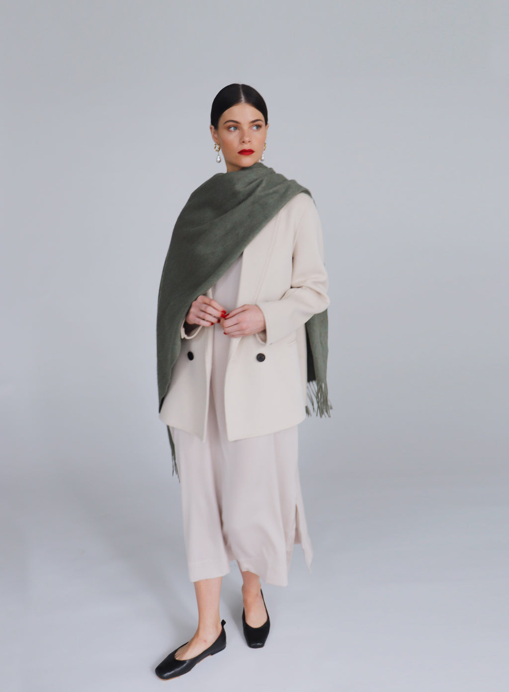 Green Fringed Wool Lambswool Scarf