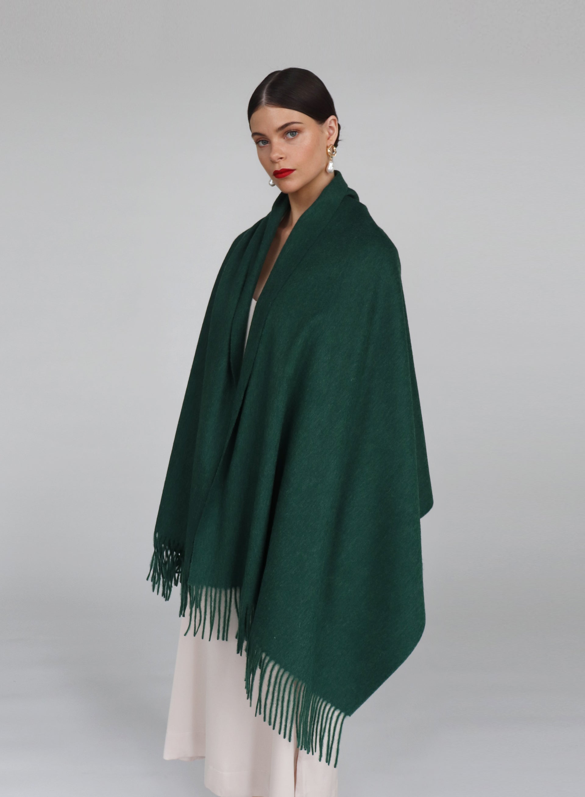 Green Fringed Wool Lambswool Scarf