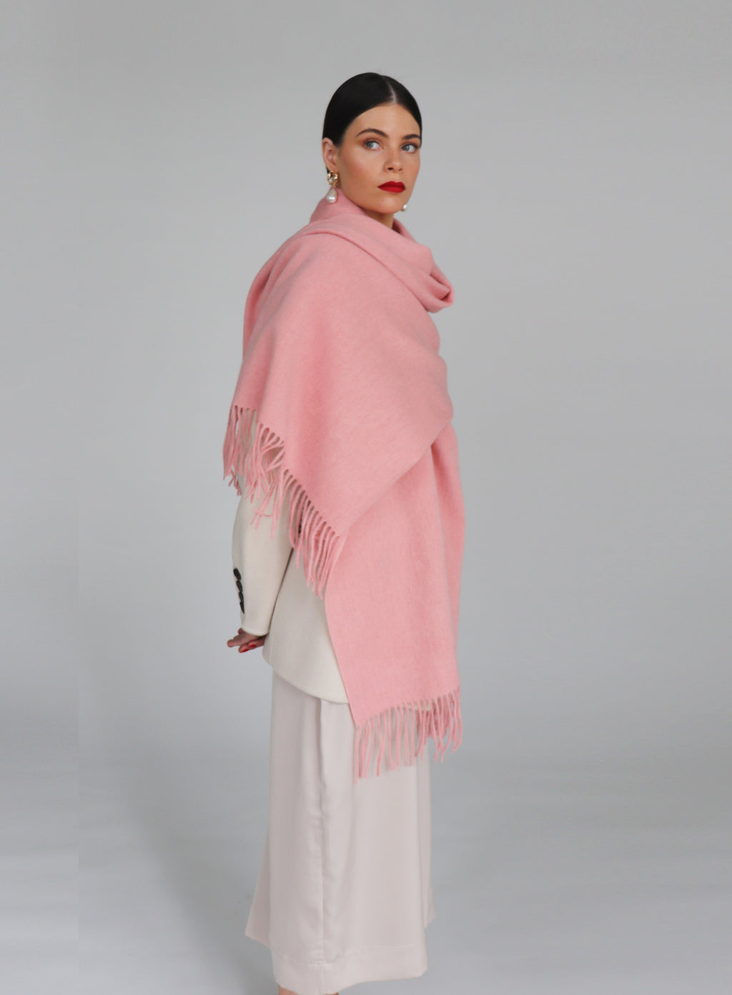 Pink Fringed Wool Lambswool Scarf