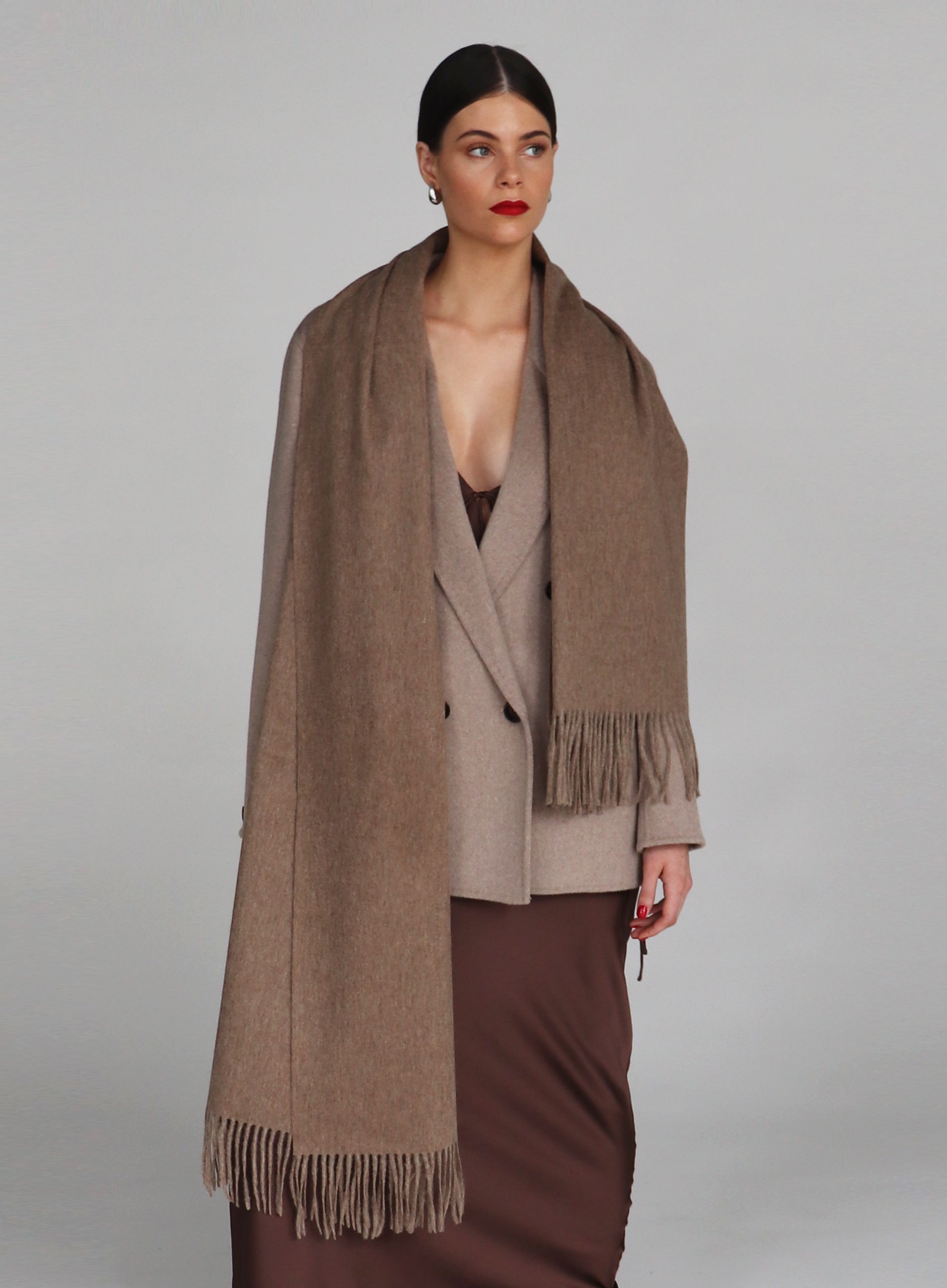 Beige Fringed Wool Lambswool Scarf