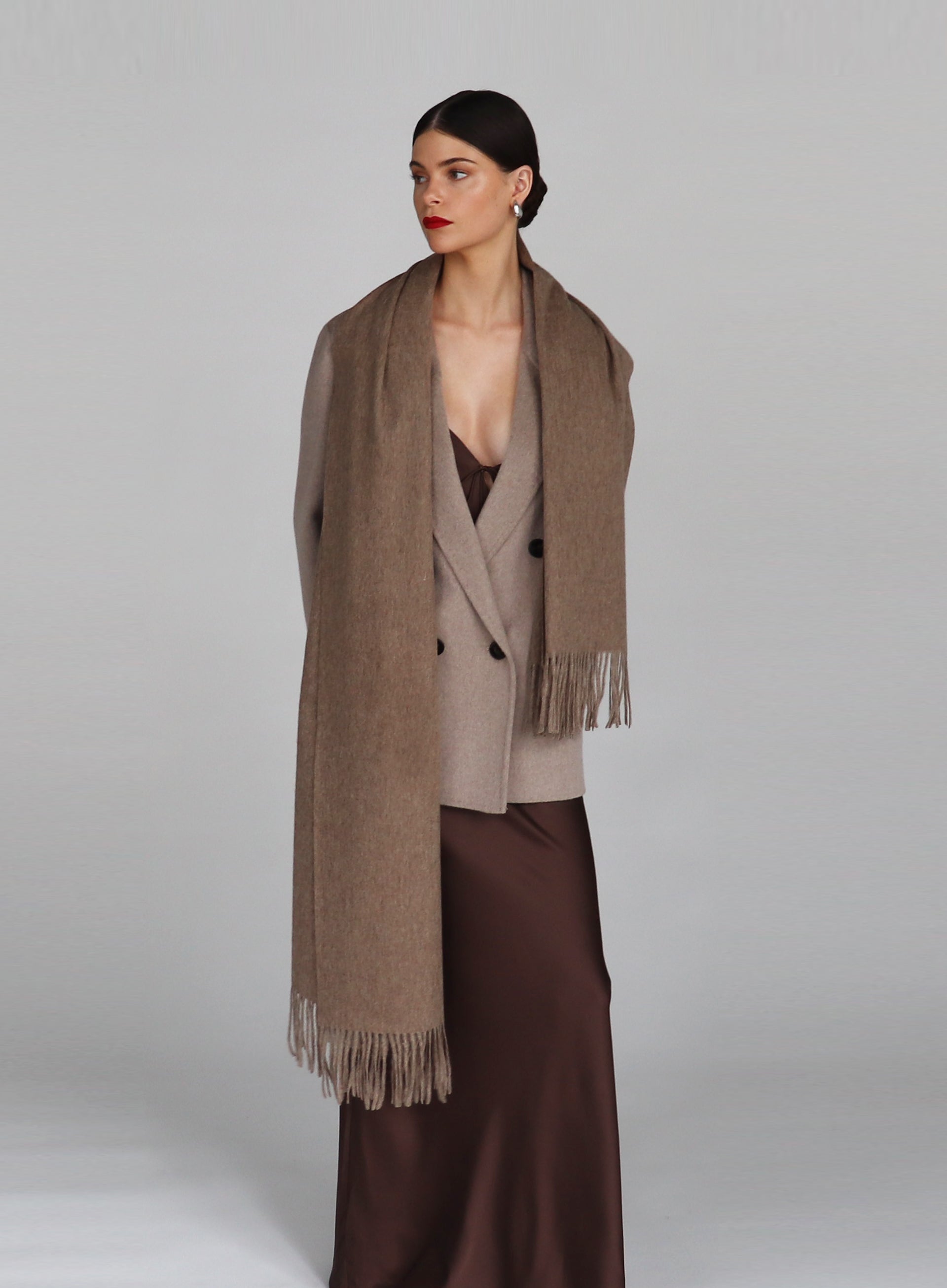 Beige Fringed Wool Lambswool Scarf