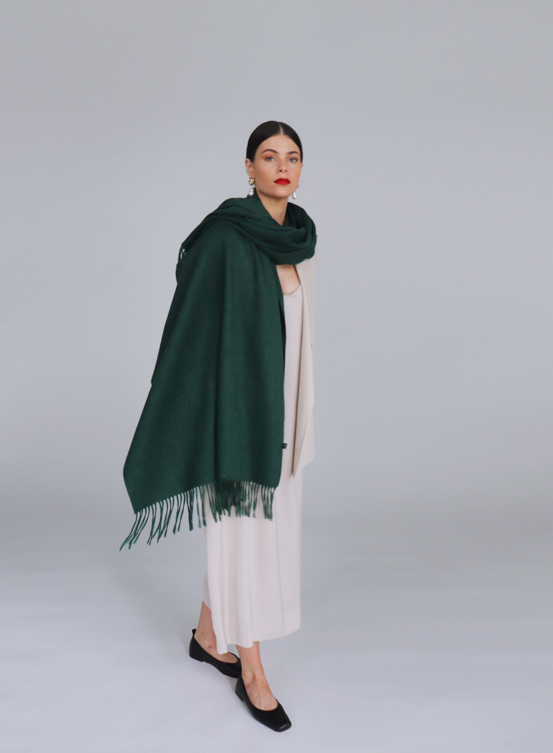 Green Fringed Wool Lambswool Scarf