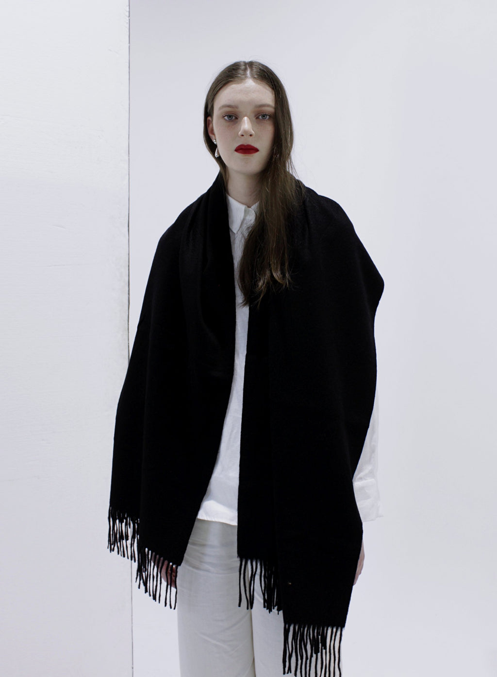 Black Fringed Wool Lambswool Scarf