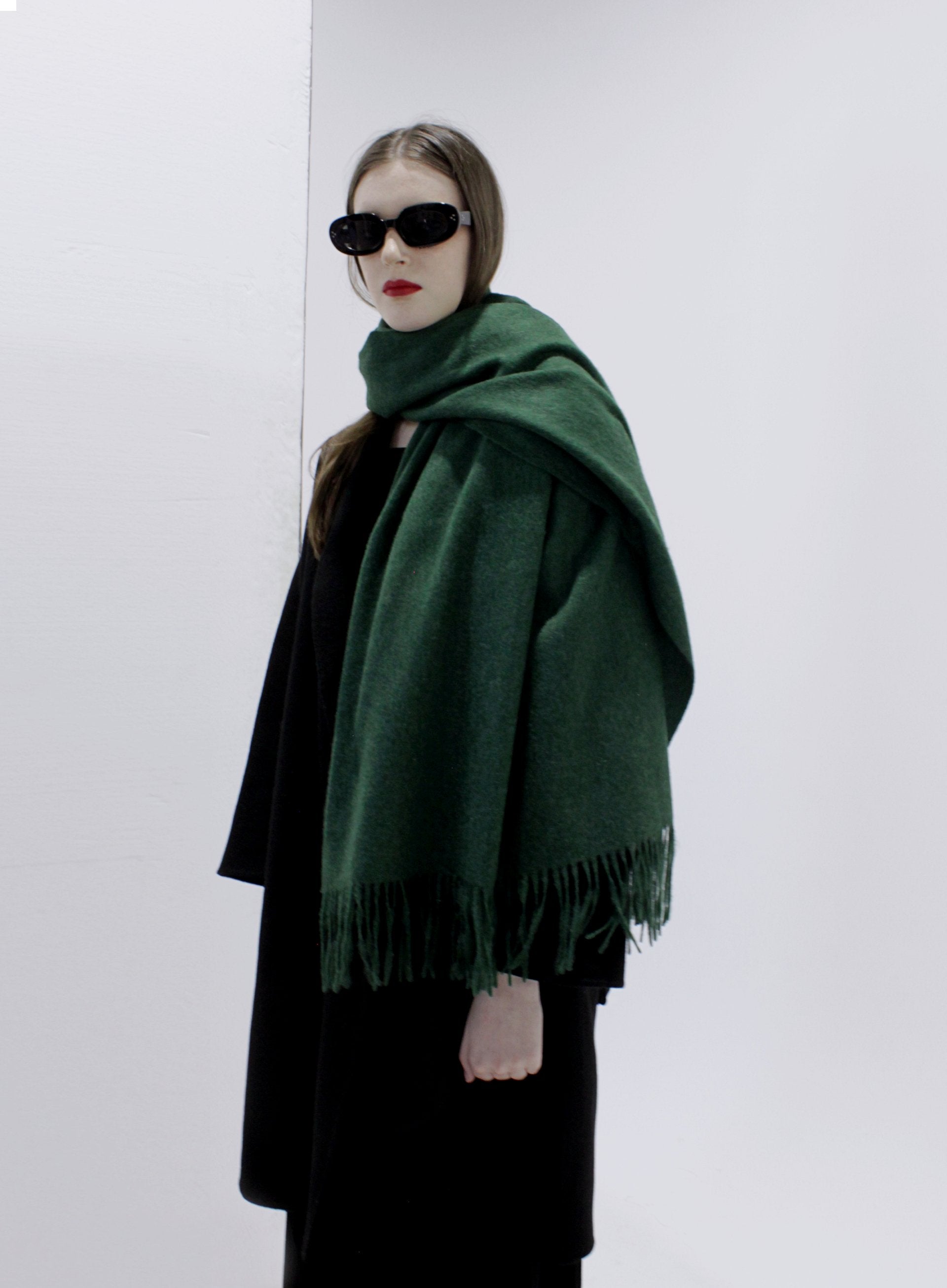 Green Fringed Wool Lambswool Scarf