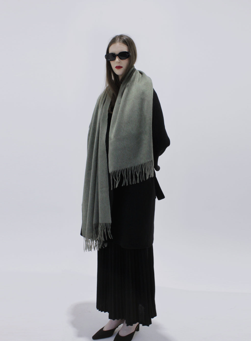 Green Fringed Wool Lambswool Scarf