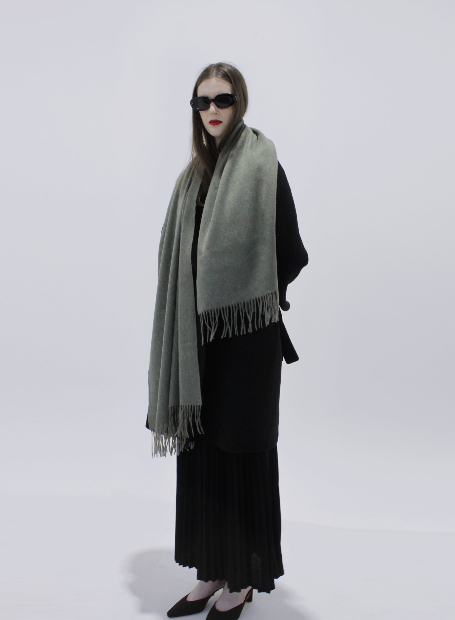 Green Fringed Wool Lambswool Scarf