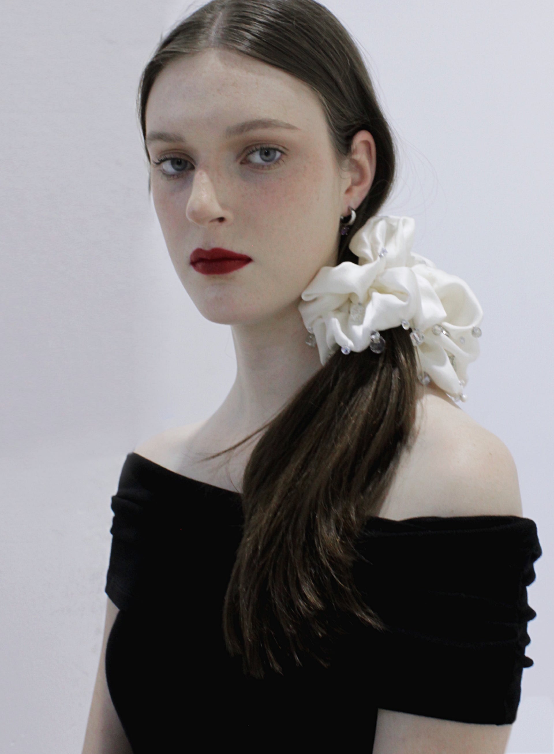 White Rhinestone Embellished Oversized Silk Scrunchie