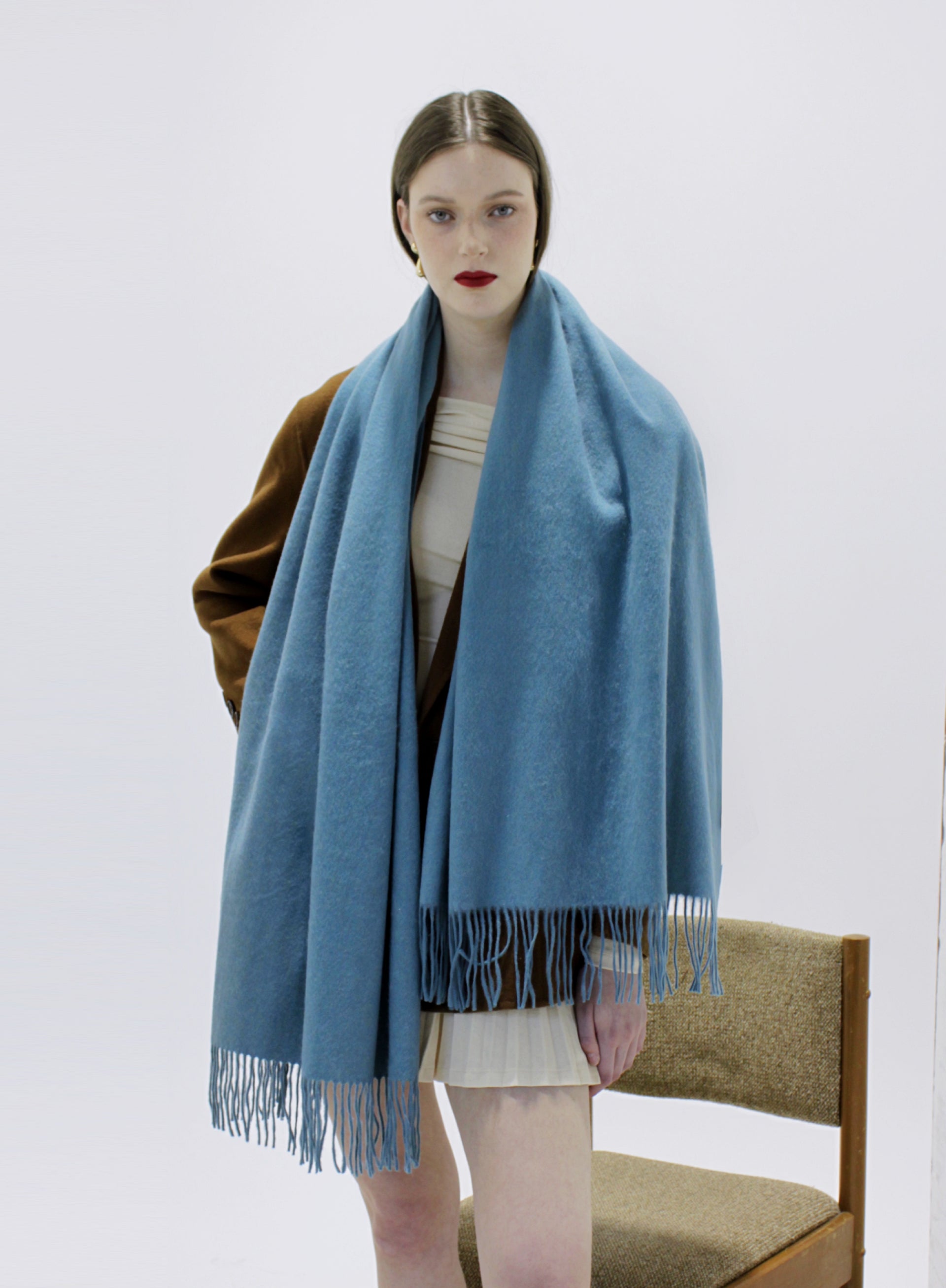 Blue Fringed Wool Lambswool Scarf