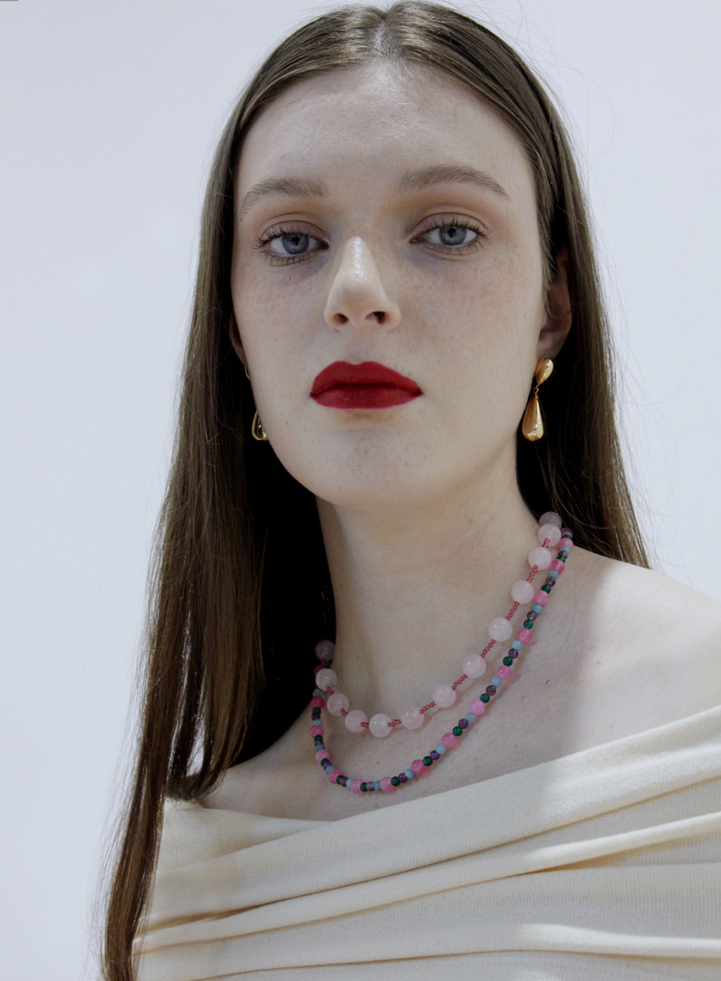 pink mix stones beaded collar necklace