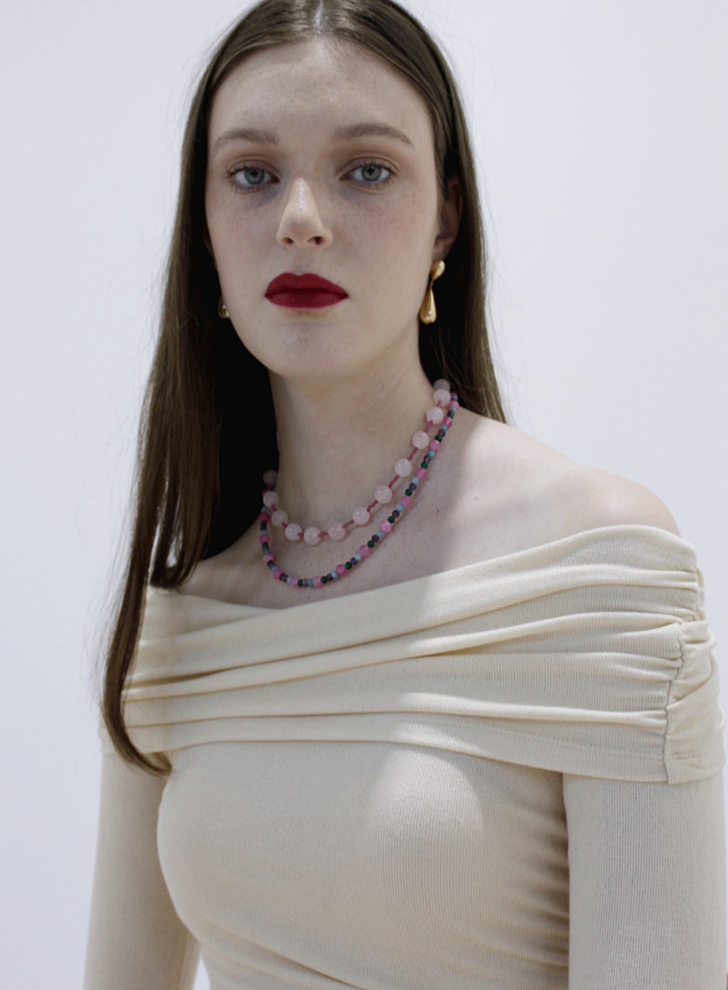 pink mix stones beaded collar necklace