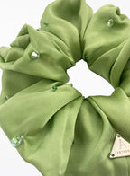 Green Embellished Oversized Silk Scrunchie 