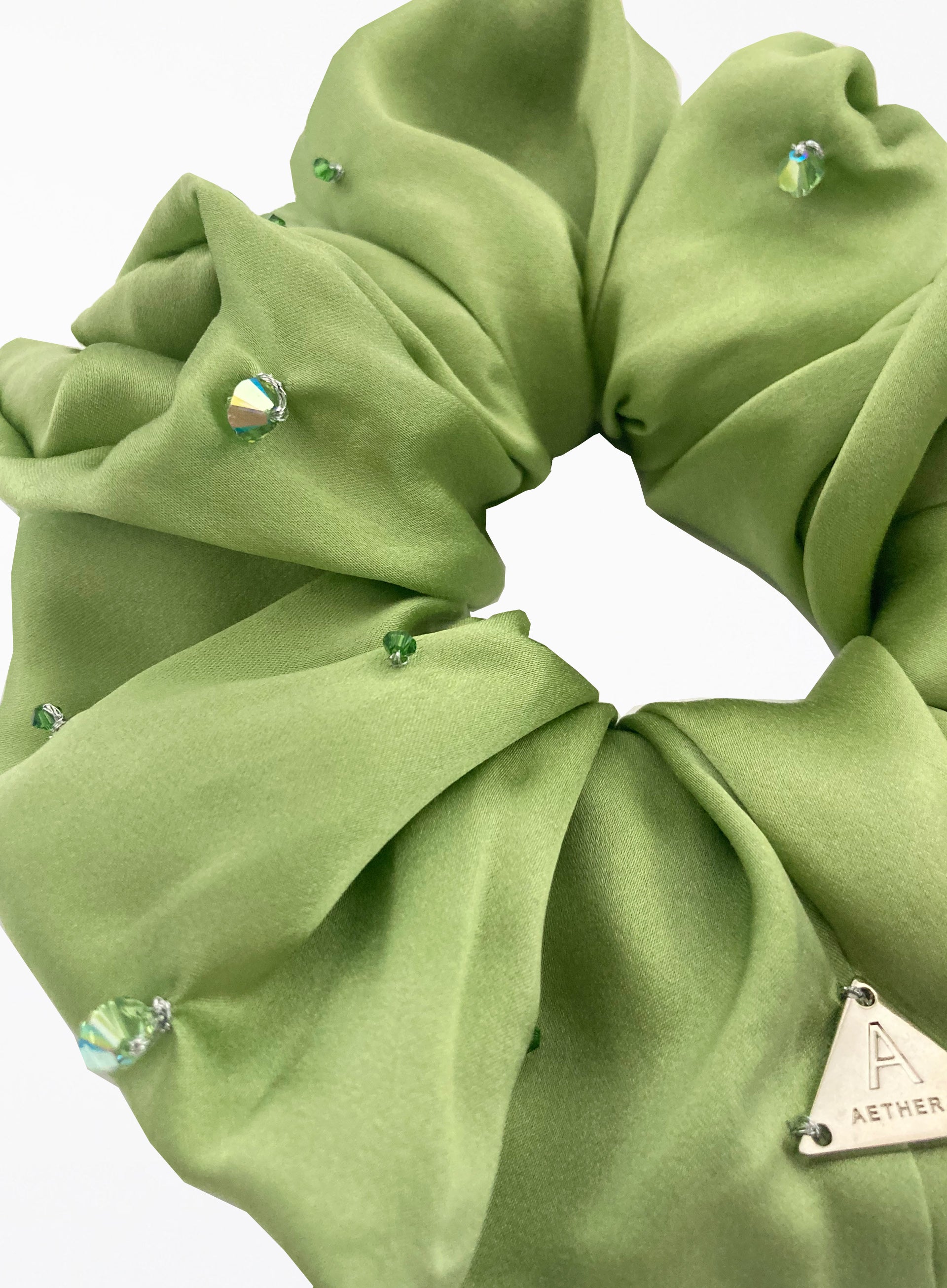Green Embellished Oversized Silk Scrunchie 