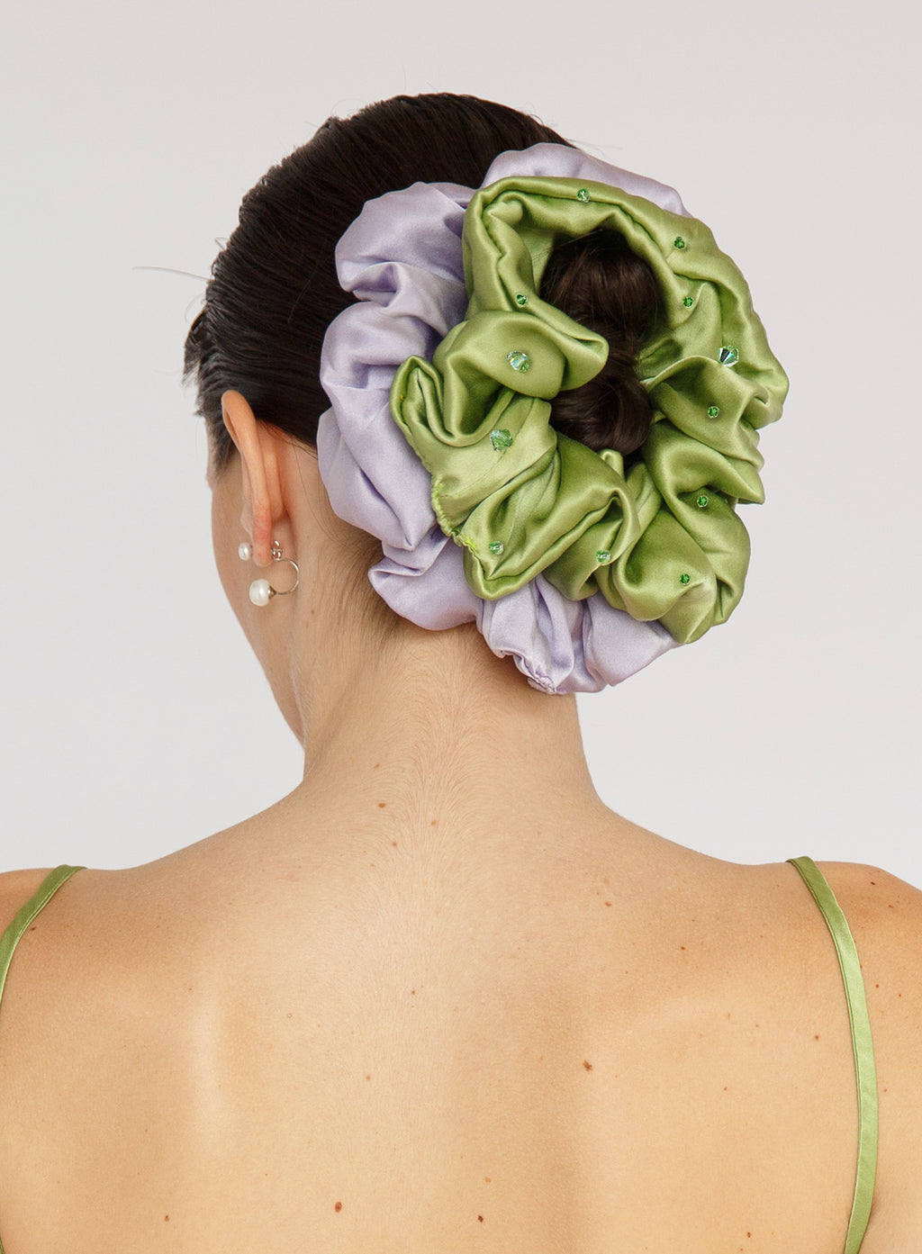 Green Embellished Oversized Silk Scrunchie 