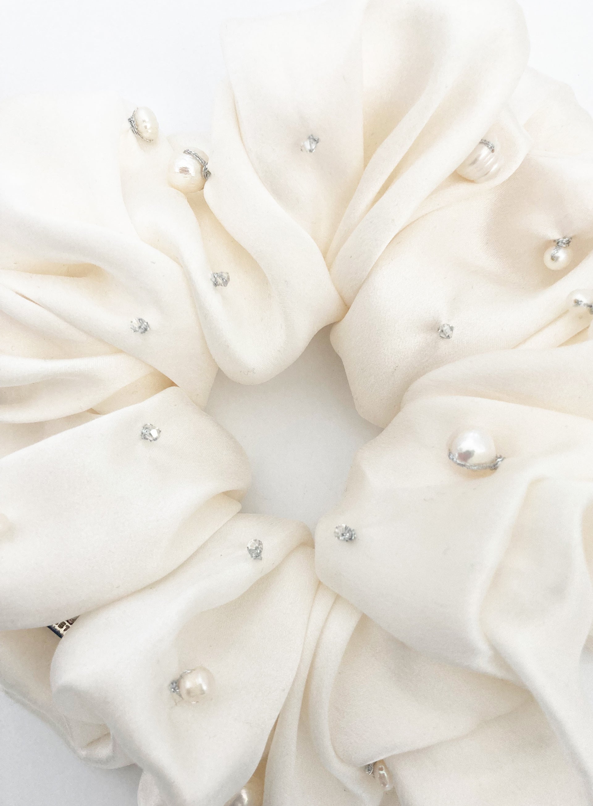 White Pearls Embellished Oversized Silk Scrunchie