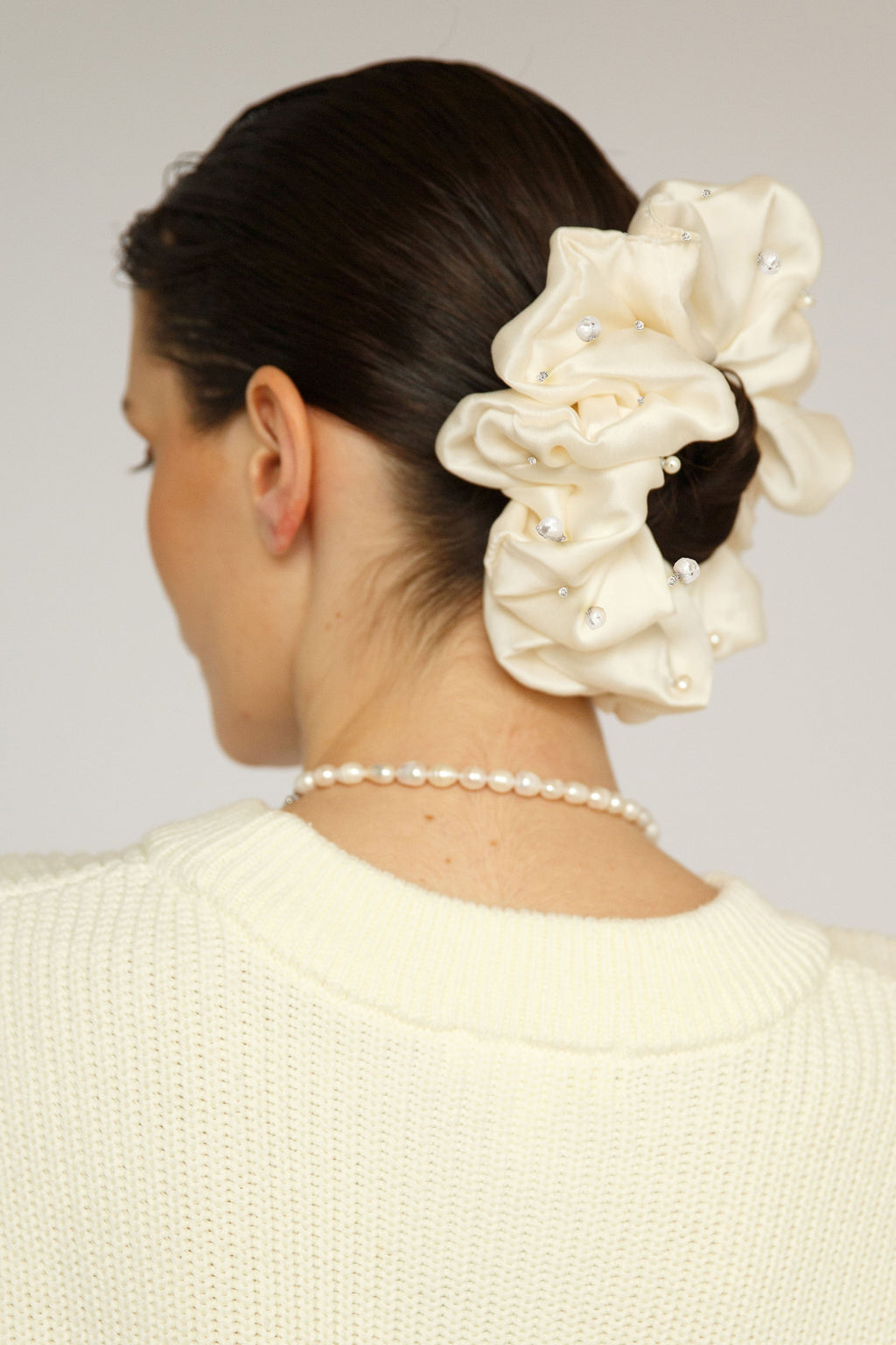 White Pearls Embellished Oversized Silk Scrunchie