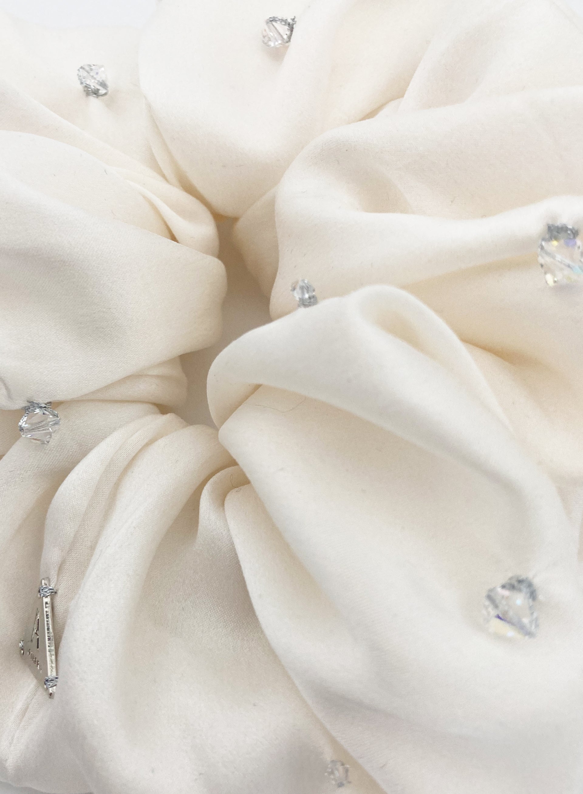 White Embellished Oversized Silk Scrunchie 