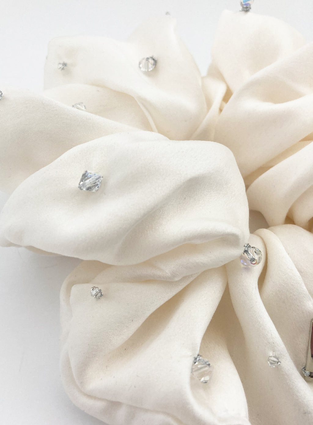 White Embellished Oversized Silk Scrunchie 