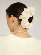 White Embellished Oversized Silk Scrunchie 
