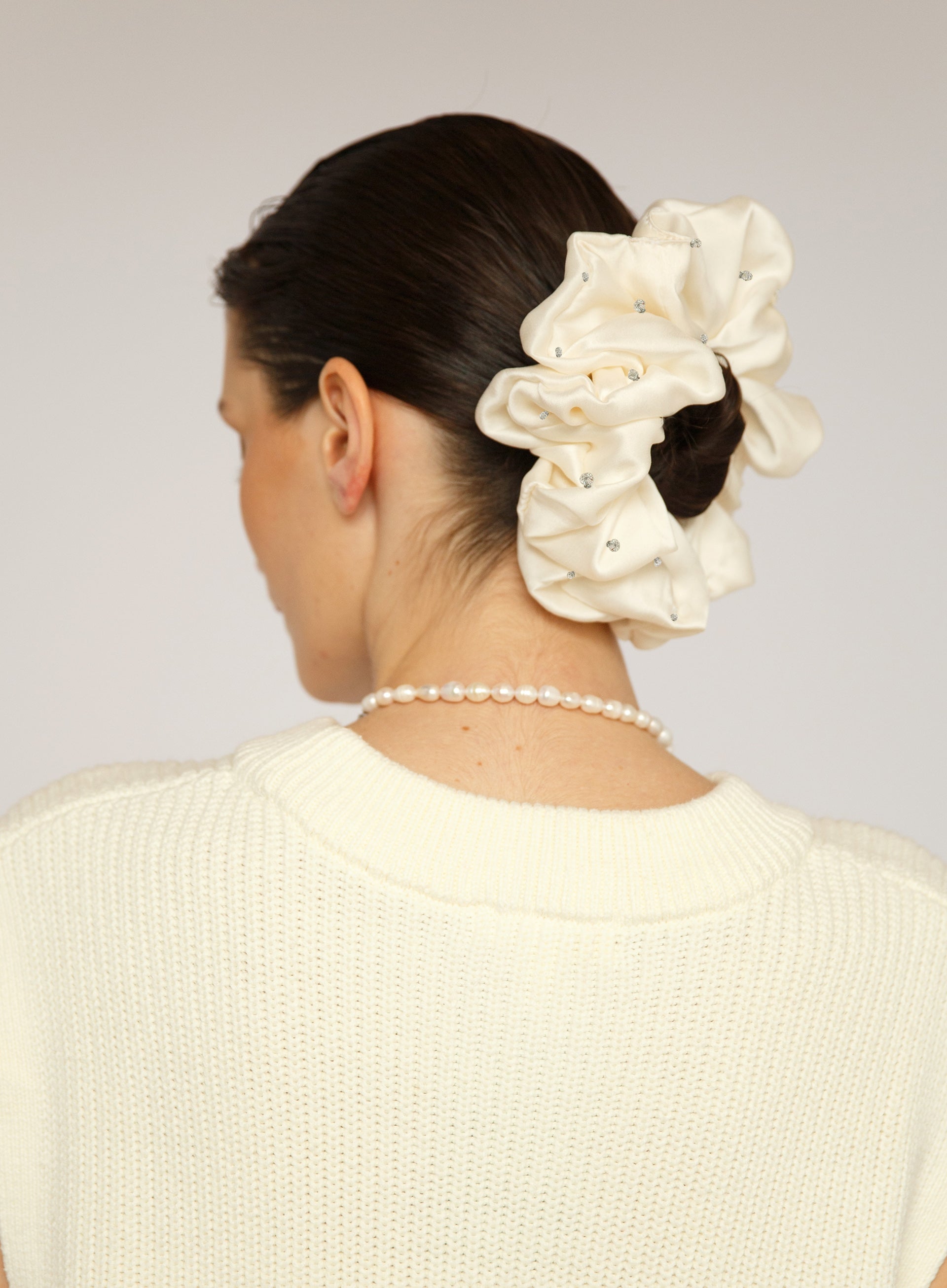 White Embellished Oversized Silk Scrunchie 